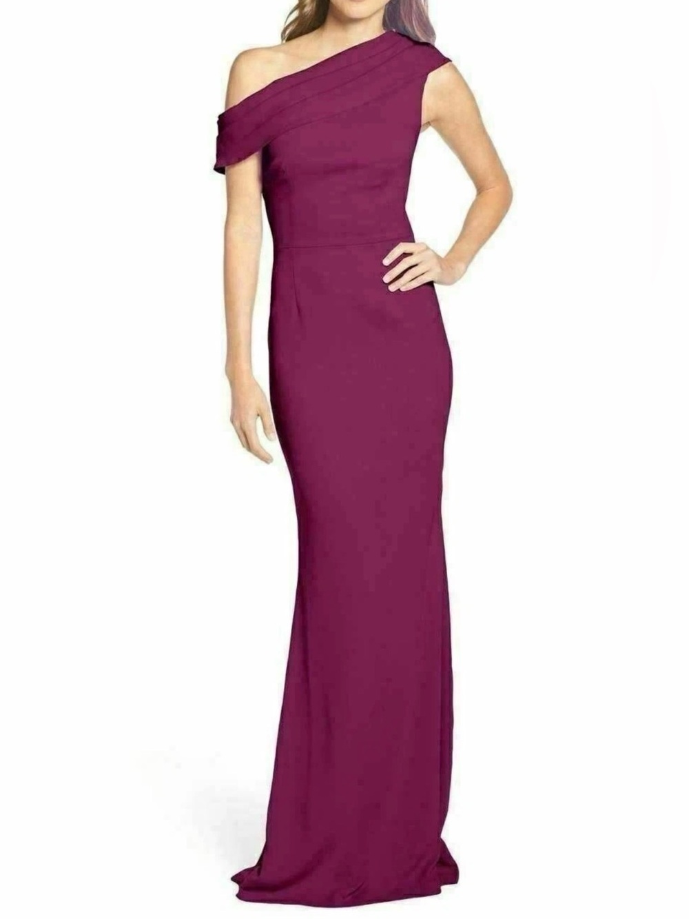 NEW Katie May Layla Pleat One Shoulder Crepe Gown, Plum, Size 6